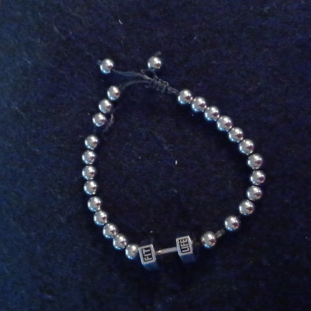 Mens stainless steel bracelet. Dumbell motif. 9.5" long